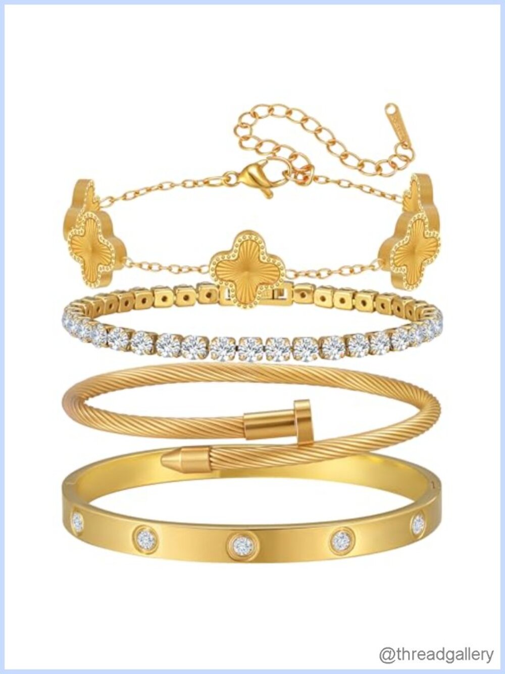 18K Gold Plated Stainless Steel Stackable Bangle Bracelet Set 4 Piece for Women